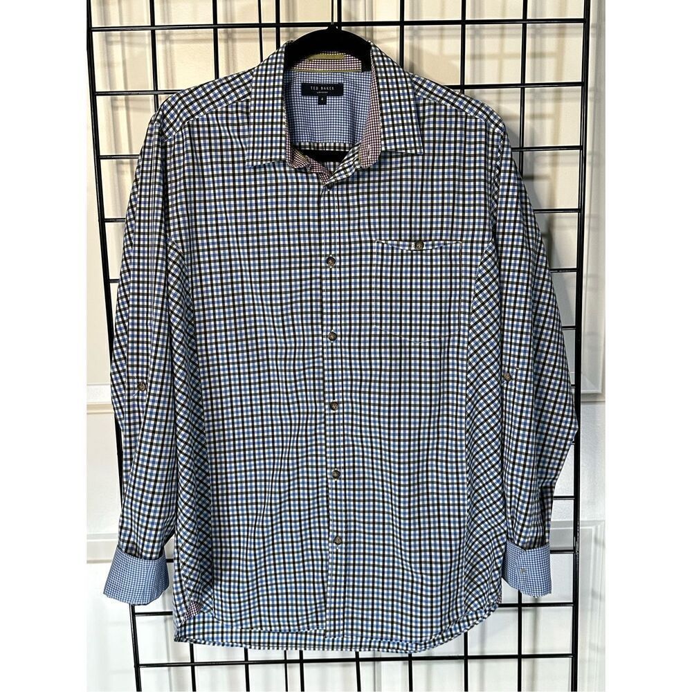 Ted Baker Long Sleeve Plaid Flip Cuff Casual Men’s Shirt Size‎ 4 Large